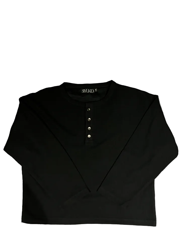 BLACK WAFFLE KNIT HENLEY